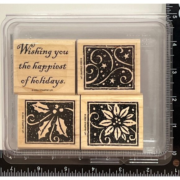 Stampin Up! HAPPIEST OF HOLIDAYS WOOD MOUNTED Rubber Stamp Set WISH HOLLY STAR - Picture 2 of 7